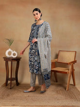 Women Blue Rayon Blend Printed Straight Kurta Pant Set-VKSKD2169A
